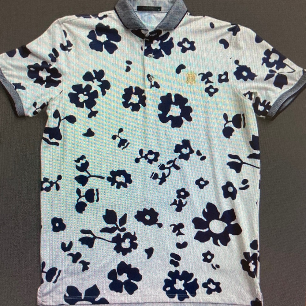 Greyson White Polo with Navy Floral Pattern and Gray Trim